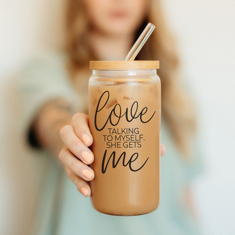 Love ME 20oz glass cup Gia Roma with bamboo lid and metal straw on Tampa Home & Garden Store