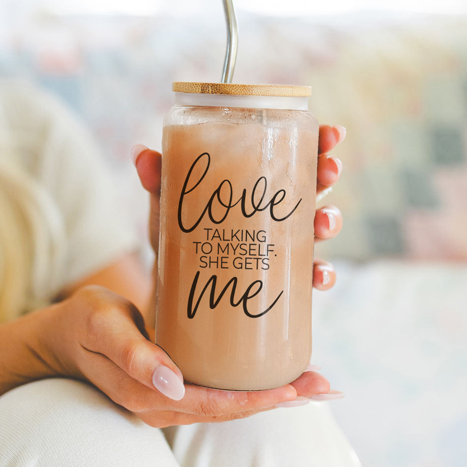 Love Me 20oz glass cup by Gia Roma with pink iced drink, bamboo lid, and metal straw on Tampa Home & Garden Store