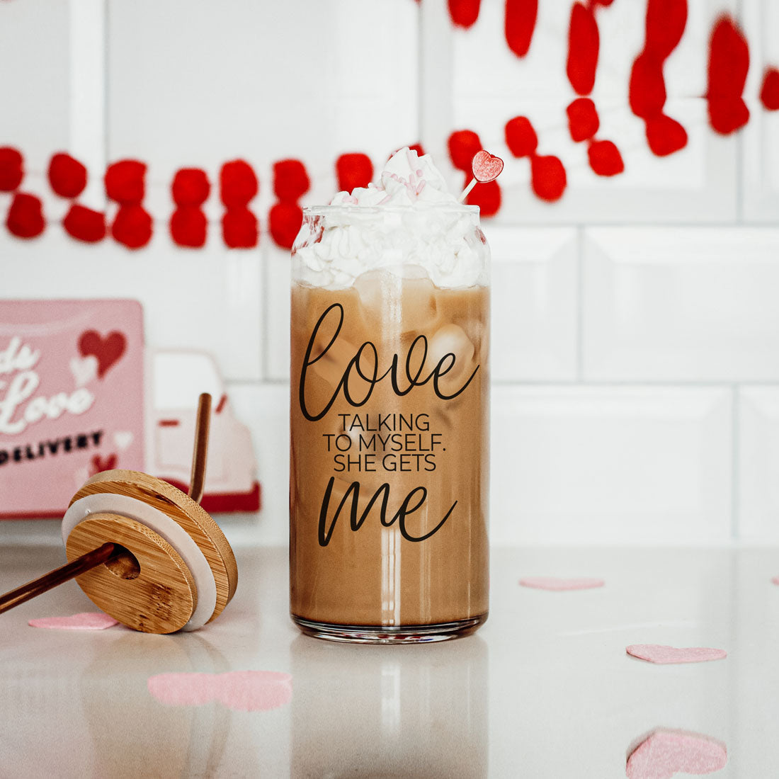 Love Me 20oz glass cup by Gia Roma with brown iced coffee and whipped cream on Tampa Home & Garden Store