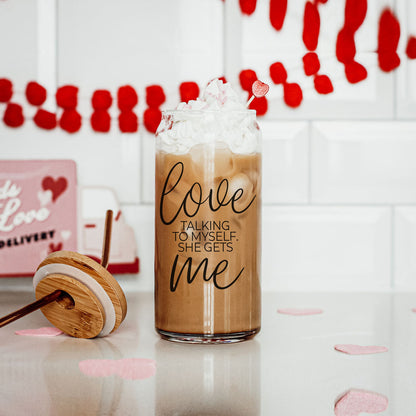 Love Me 20oz glass cup by Gia Roma with brown iced coffee and whipped cream on Tampa Home & Garden Store