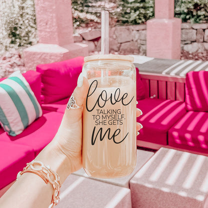 Love ME 20oz glass tumbler by Gia Roma with wood lid and straw, features script love and quote on Tampa Home & Garden Store