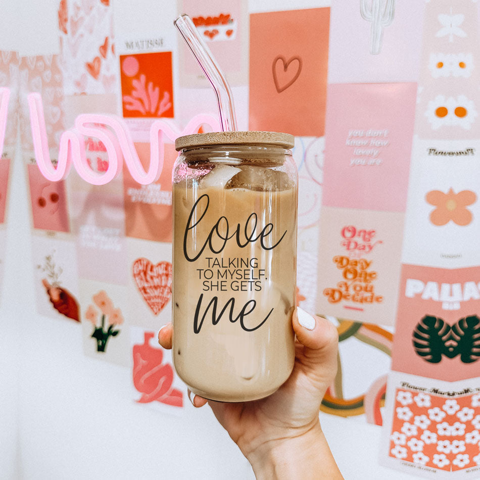 Gia Roma Love ME 20oz glass tumbler with cork lid and pink straw, drinkware on Tampa Home & Garden Store
