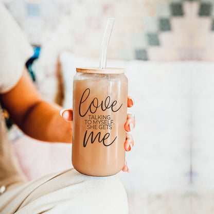 Love ME 20oz glass cup Gia Roma drinkware with straw in frosted brown on Tampa Home & Garden Store