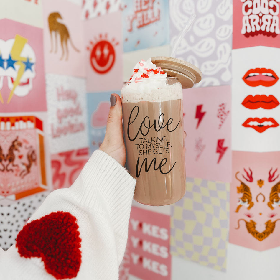 Gia Roma Love ME 20oz glass cup with latte-colored drink, whipped cream, red sprinkles on Tampa Home & Garden Store