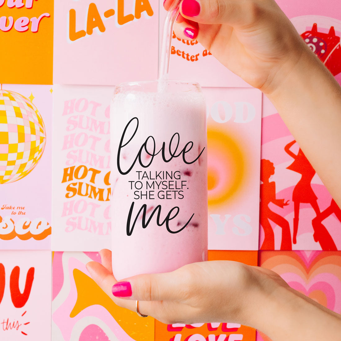 Love Me 20oz glass cup with pink tint and black script love me talking to myself she gets me on Tampa Home & Garden Store
