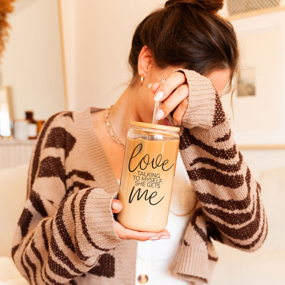 Love Me 20oz glass tumbler by Gia Roma with straw beige drink on Tampa Home & Garden Store