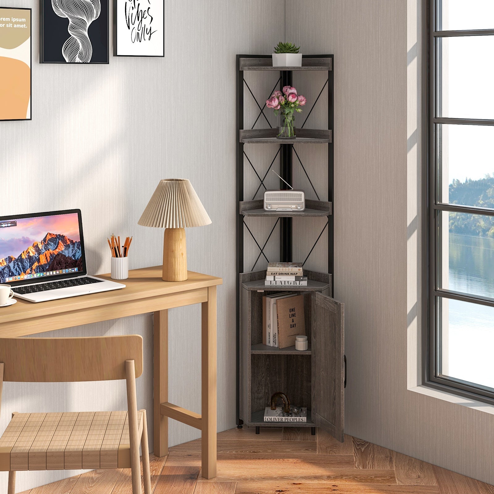 Tall corner storage cabinet with a 3-tier shelf and enclosed cabinet in dark wood on Tampa Home & Garden Store