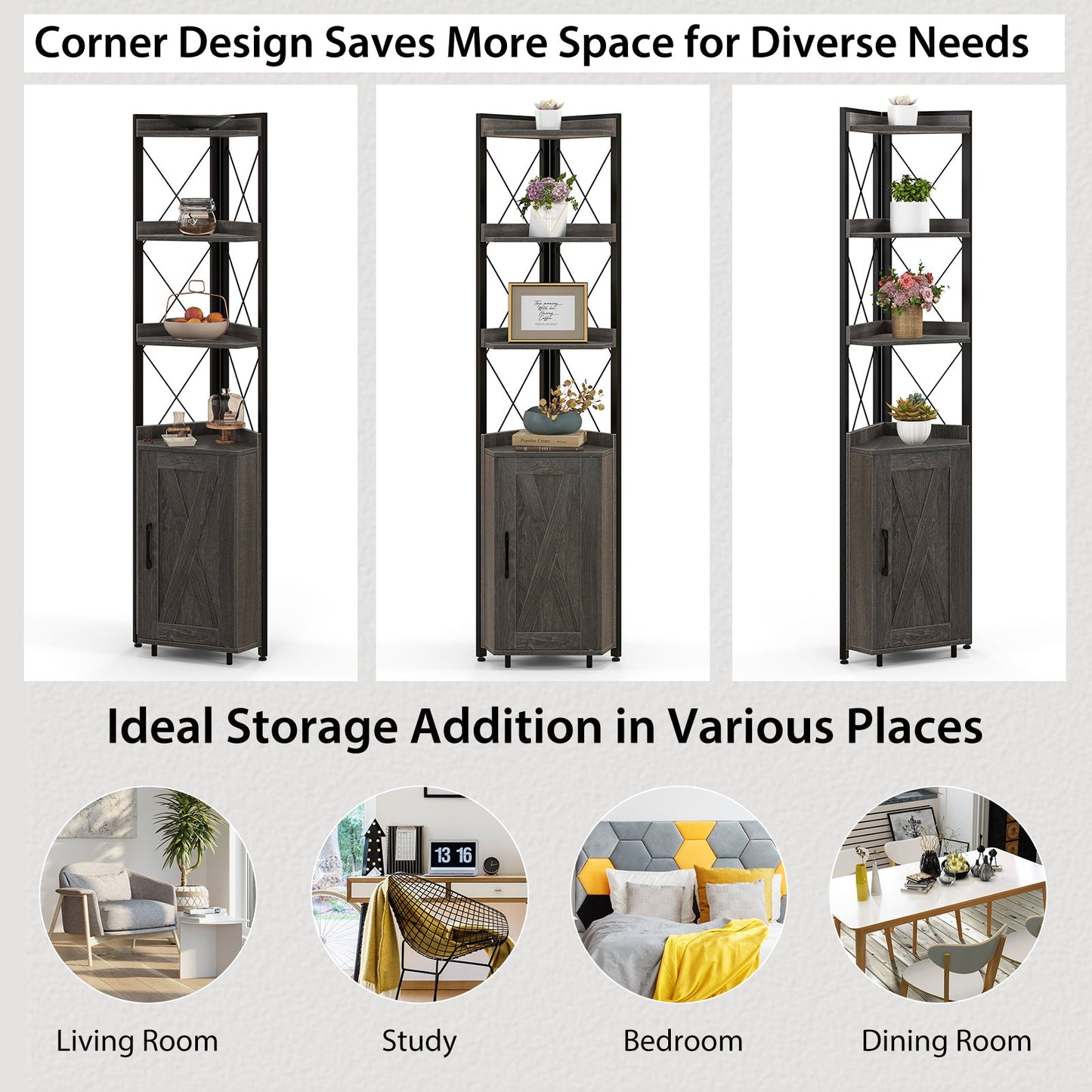 DirectDeals tall corner storage cabinet with 3-tier shelf and enclosed cabinet, dark wood finish on Tampa Home & Garden Store