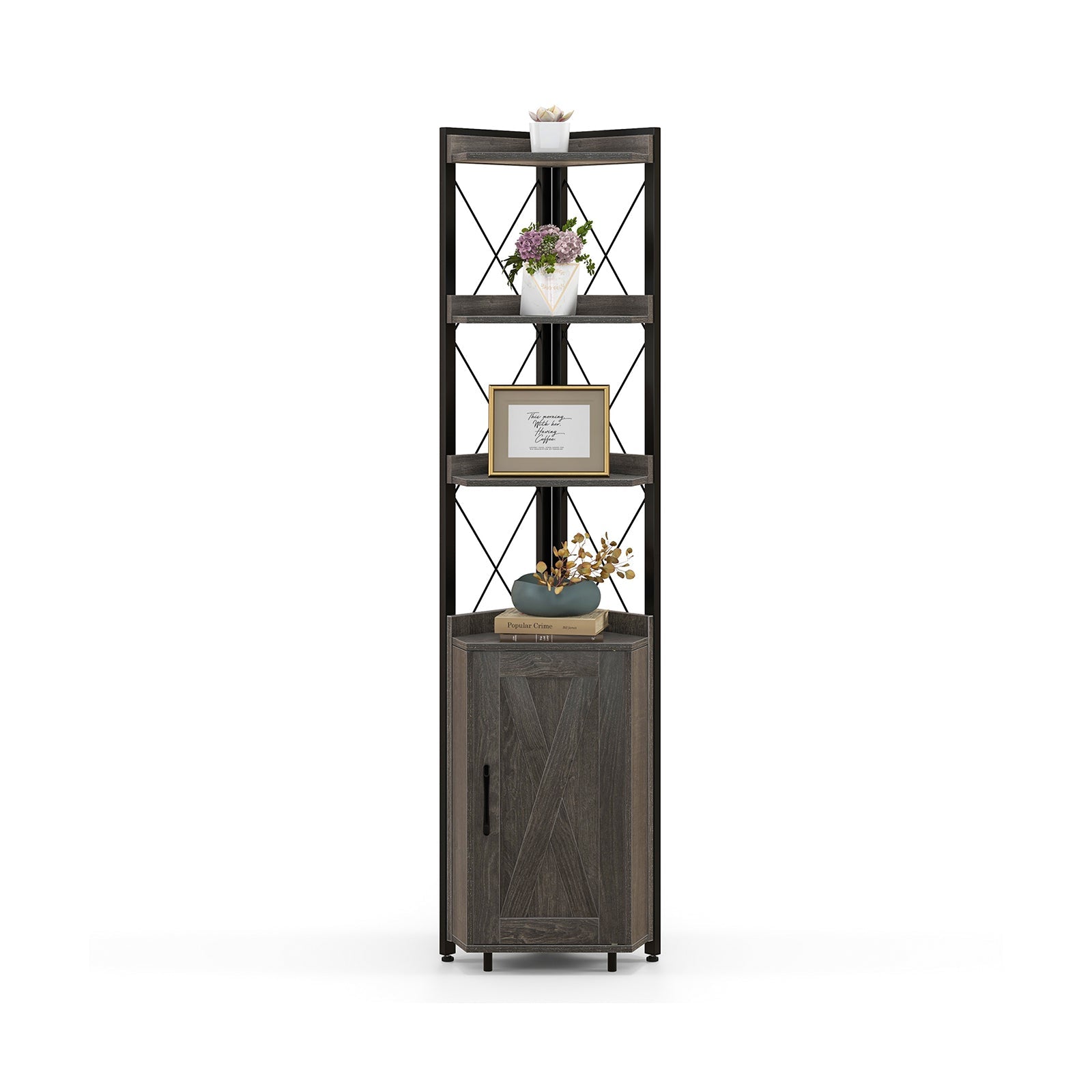 Tall corner storage cabinet with 3-tier shelf and enclosed cabinet in dark wood DirectDeals on Tampa Home & Garden Store