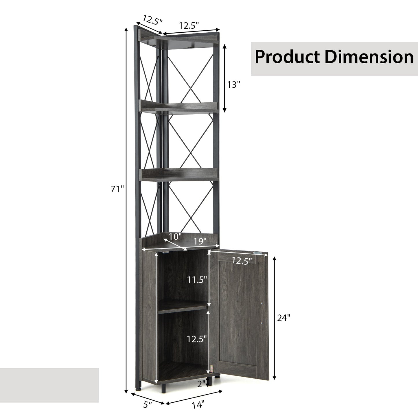 DirectDeals tall corner cabinet with 3-tier open shelves and enclosed cabinet in wood finish on Tampa Home & Garden Store