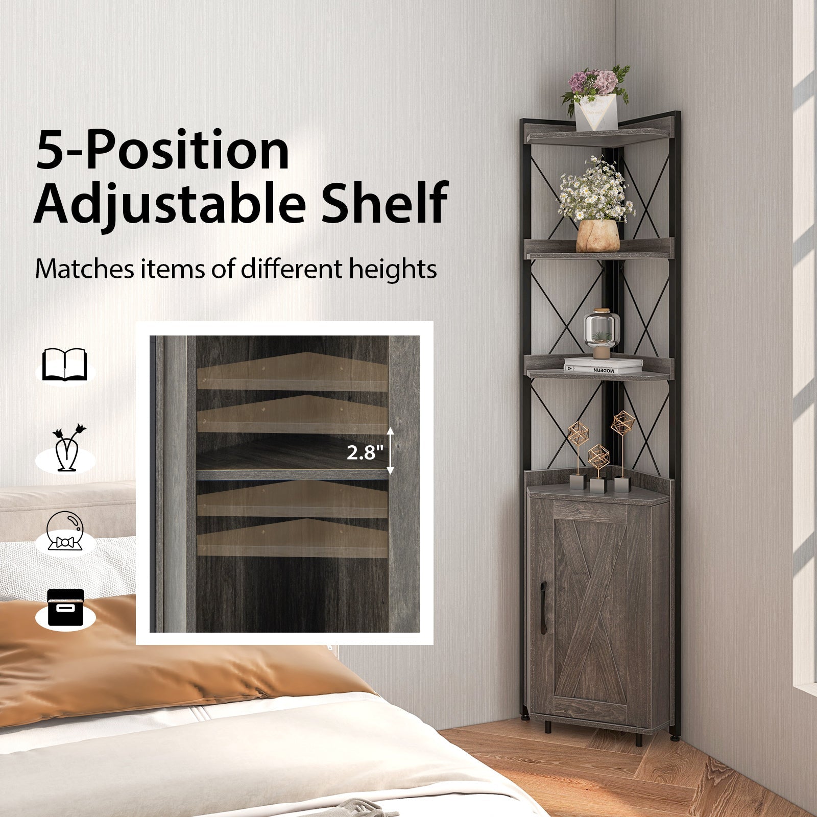 DirectDeals tall corner cabinet with 3-tier shelves and enclosed cabinet gray wood on Tampa Home & Garden Store