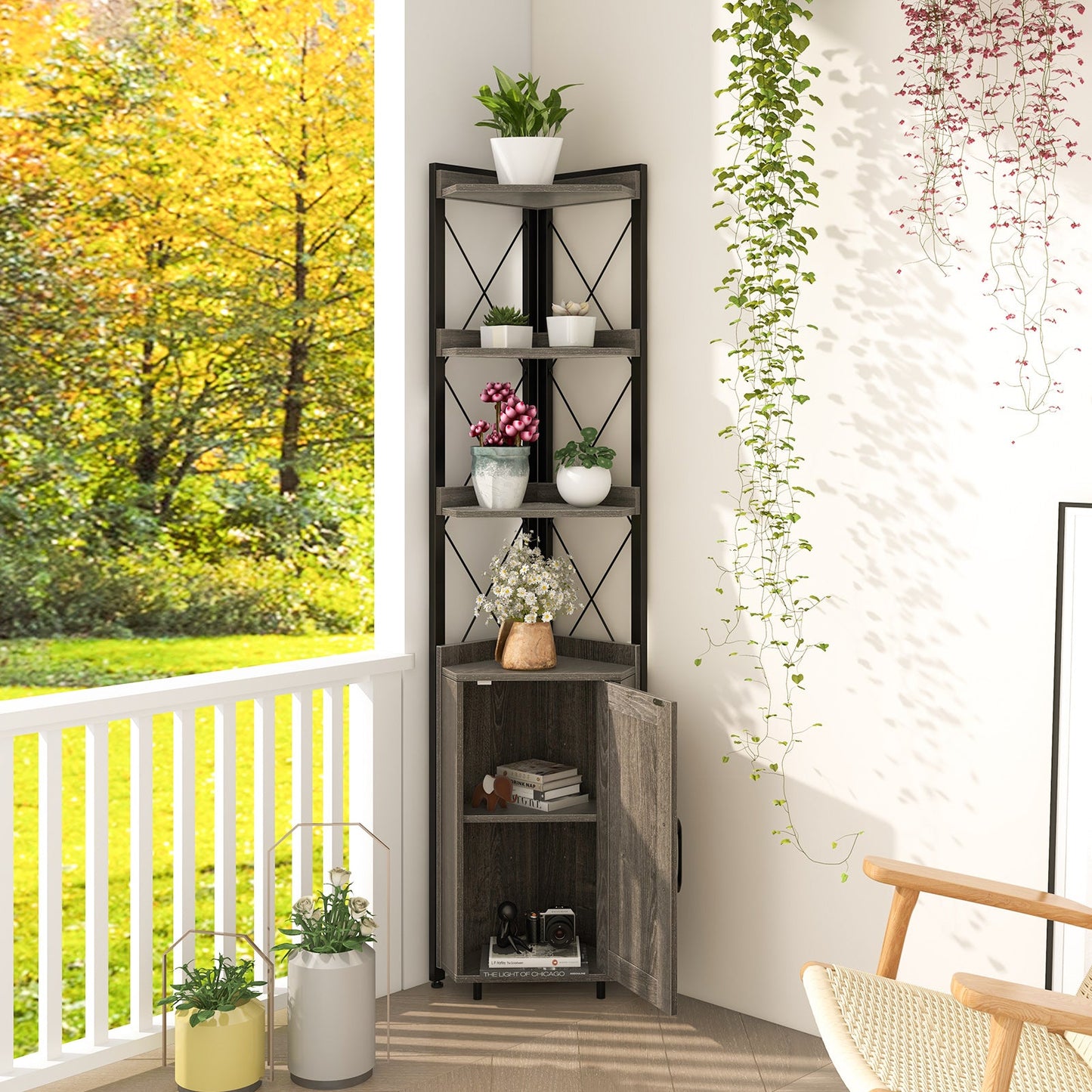 Tall corner cabinet with 3 open shelves and enclosed bottom cabinet, dark wood, black metal frame on Tampa Home & Garden Store