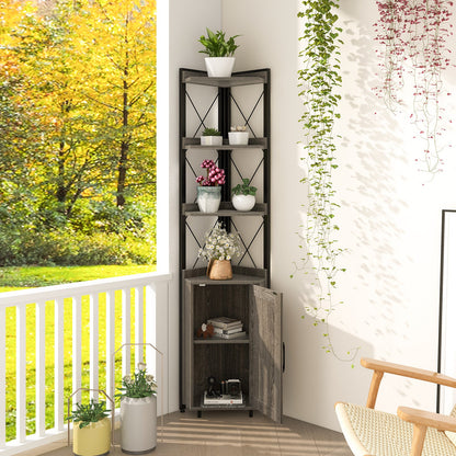 Tall corner cabinet with 3 open shelves and enclosed bottom cabinet, dark wood, black metal frame on Tampa Home & Garden Store