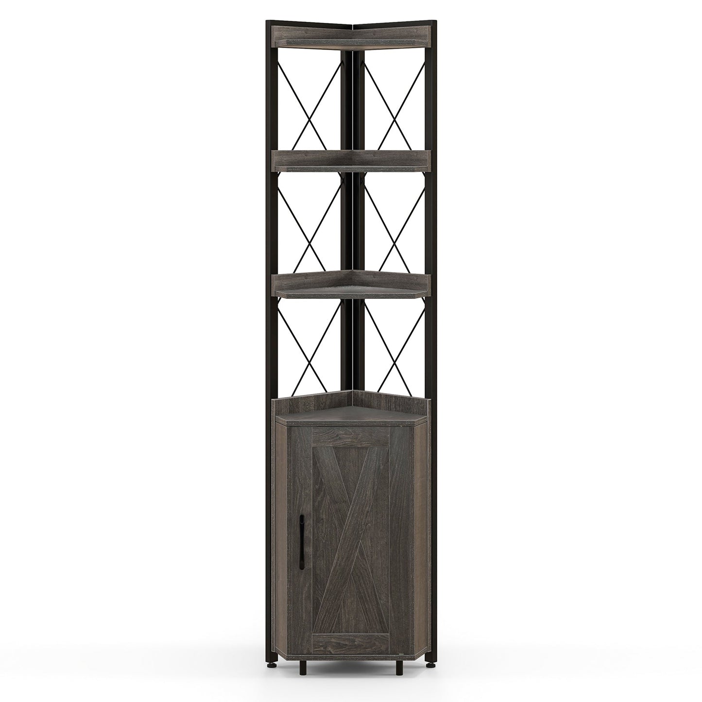 Tall Corner Storage Cabinet with wood shelves and black metal frame; 3-tier and enclosed base on Tampa Home & Garden Store