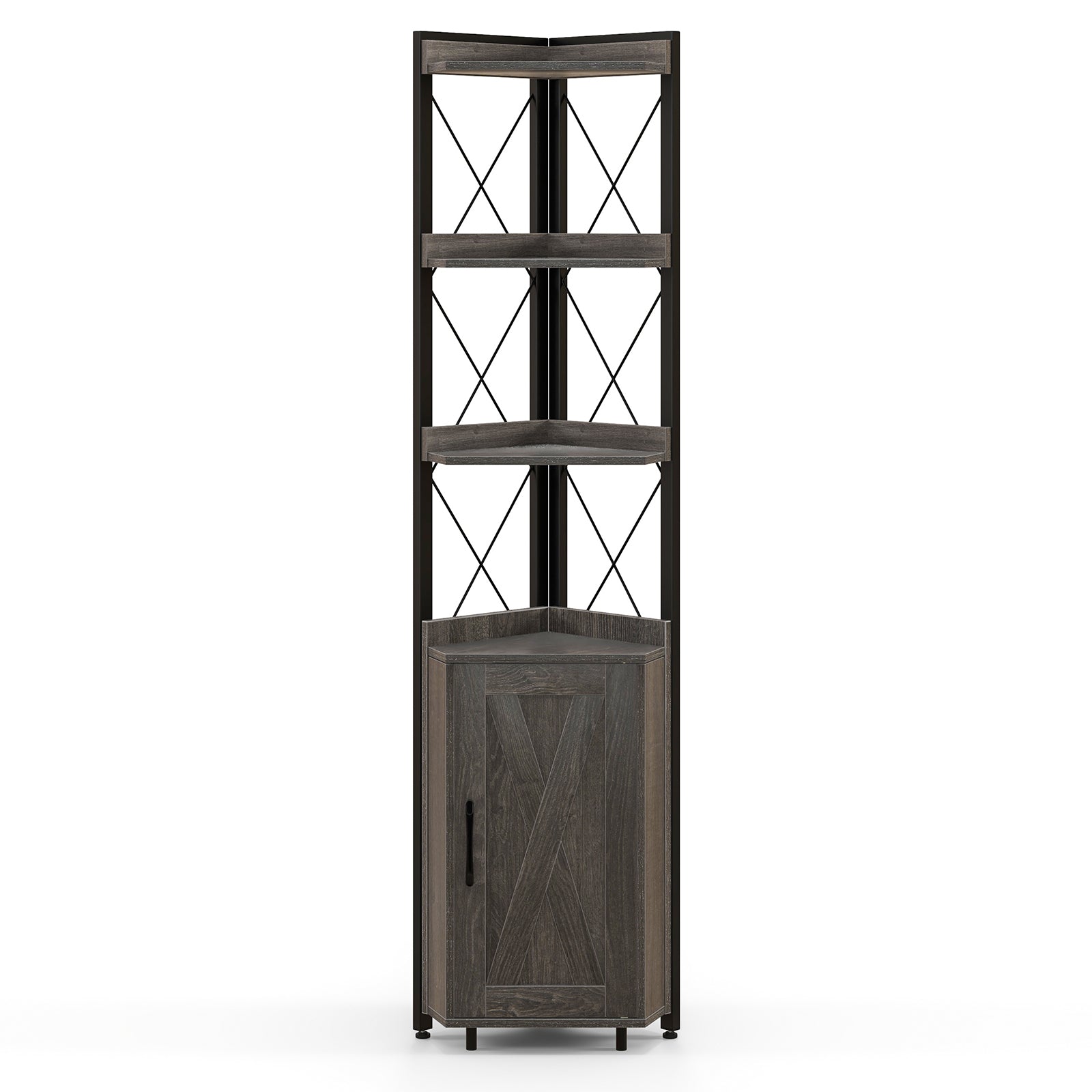 Tall Corner Storage Cabinet with wood shelves and black metal frame; 3-tier and enclosed base on Tampa Home & Garden Store