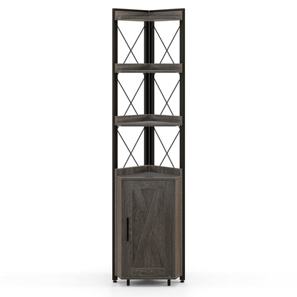 Tall Corner Storage Cabinet with wood shelves and black metal frame; 3-tier and enclosed base on Tampa Home & Garden Store