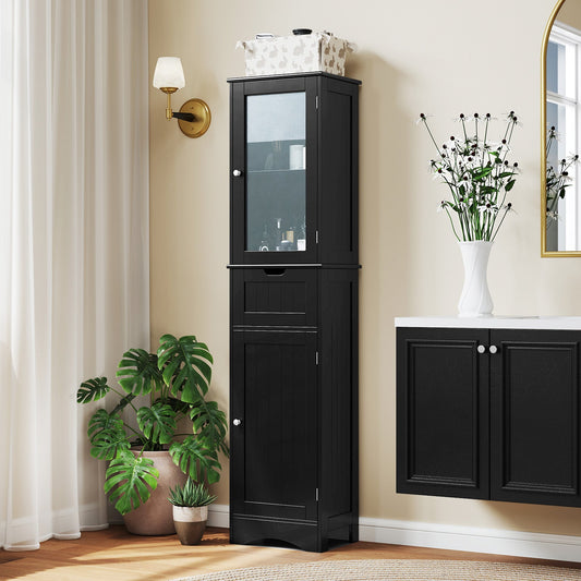 Armario de Almacenamiento Alto para Baño con 2 Puertas y 1 Cajón - Negro