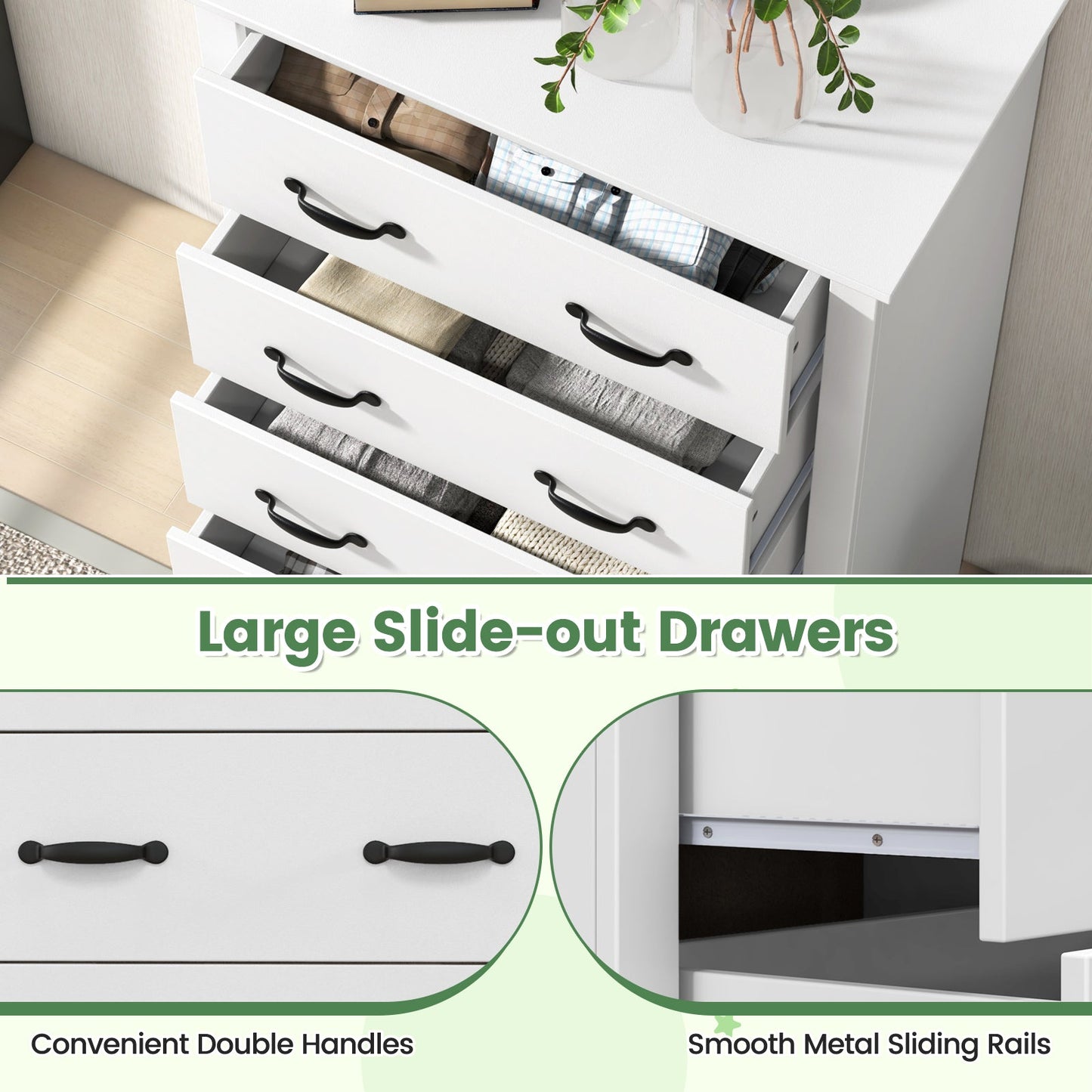 Cómoda alta con 5 cajones extraíbles para dormitorio, sala de estar-Blanco