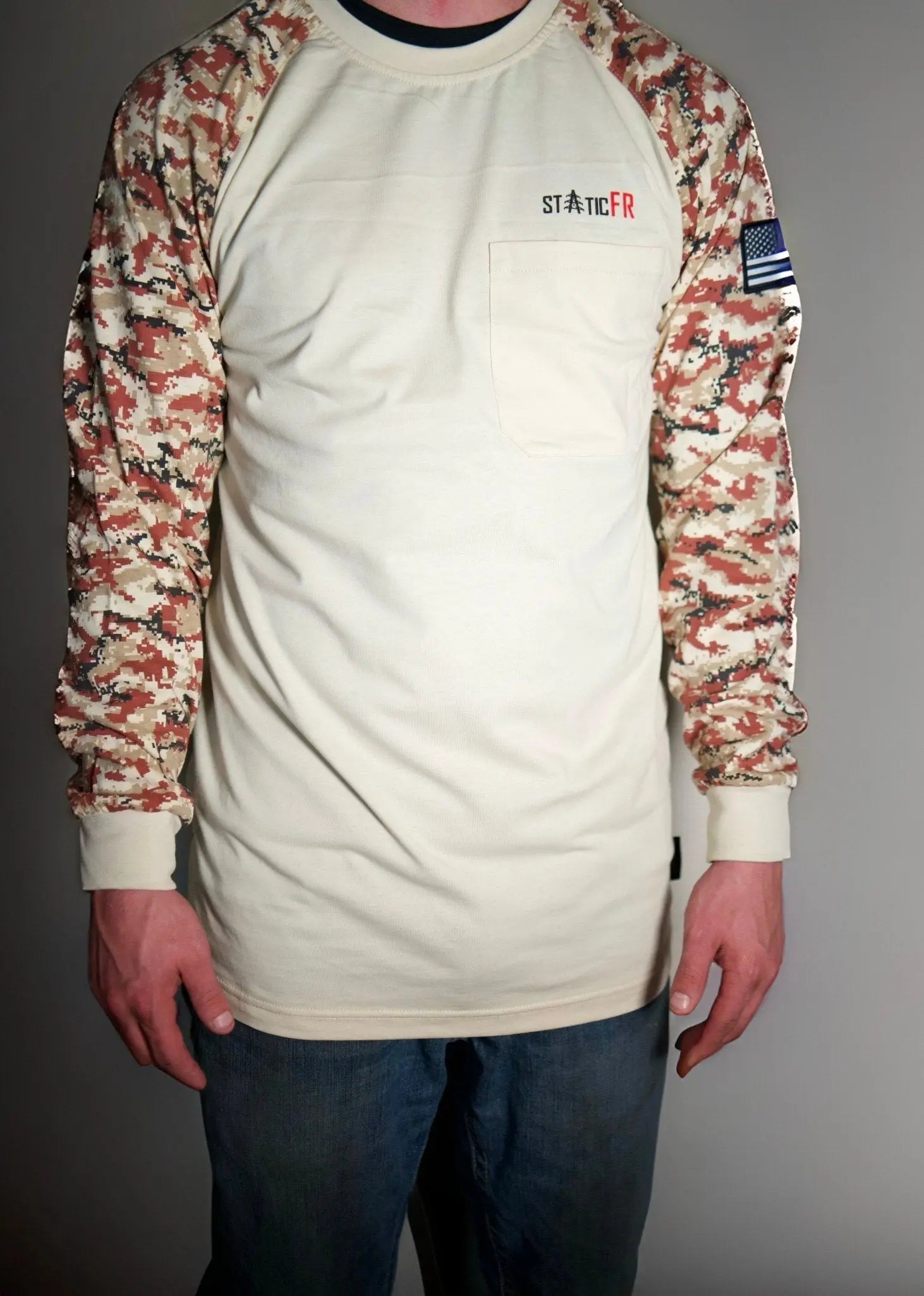 FR Digital Camo Tan/Black shirt with cream body, camo sleeves, chest pocket by Static FR on Tampa Home & Garden Store