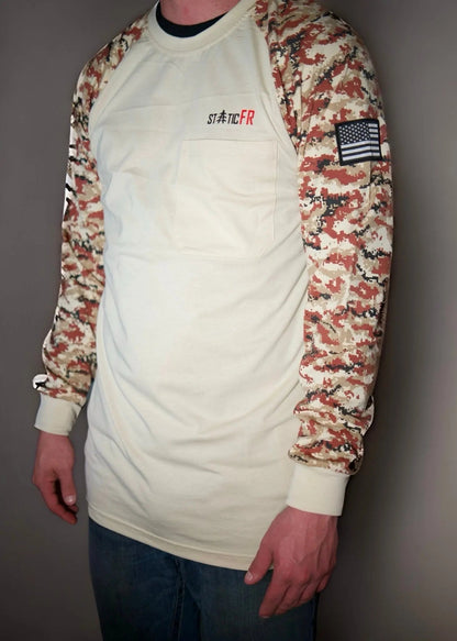 Static FR Digital Camo Tan/Black shirt with cream body, camo sleeves, chest pocket on Tampa Home & Garden Store