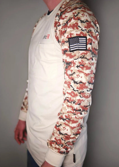 Static FR Digital Camo Tan/Black long-sleeve shirt with digital camo sleeves and US flag patch on Tampa Home & Garden Store