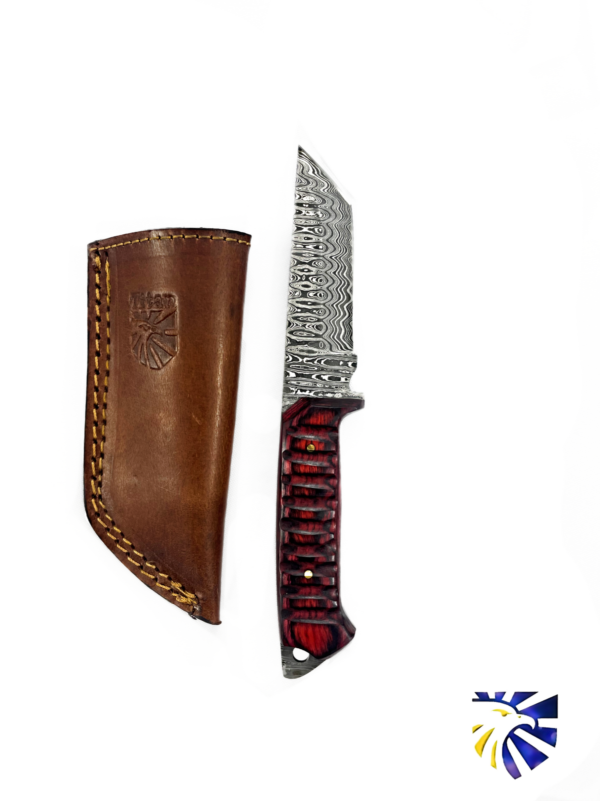 Titan Diver Damascus steel EDC knife with cherry wood handle and brown leather sheath on Tampa Home & Garden Store