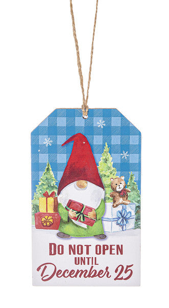 Adorno de madera con etiqueta de regalo a cuadros (no abrir hasta el 25 de diciembre)