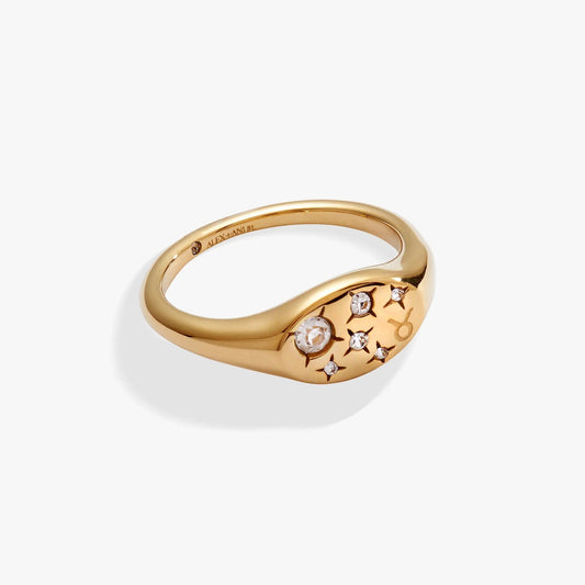 Taurus Zodiac Ring by ALEX AND ANI, gold-tone band with Taurus symbols and crystal accents on Tampa Home & Garden Store