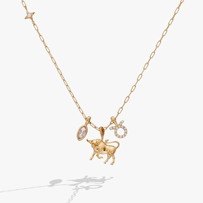 Taurus Zodiac Charm Cluster Necklace Gold Plated
