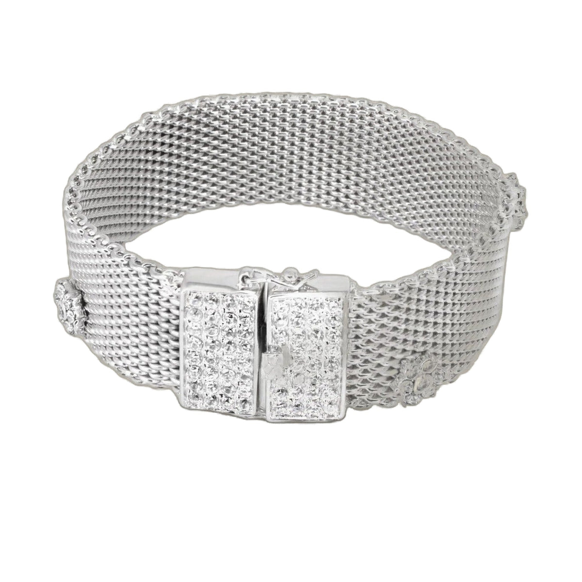 Flower Mesh Bracelet by Lauren G Adams, silver mesh band with crystal-studded clasp on Tampa Home & Garden Store