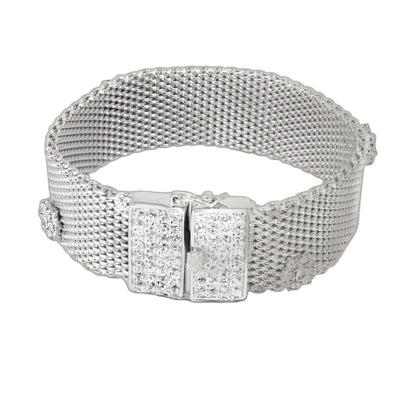 Flower Mesh Bracelet by Lauren G Adams, silver mesh band with crystal-studded clasp on Tampa Home & Garden Store