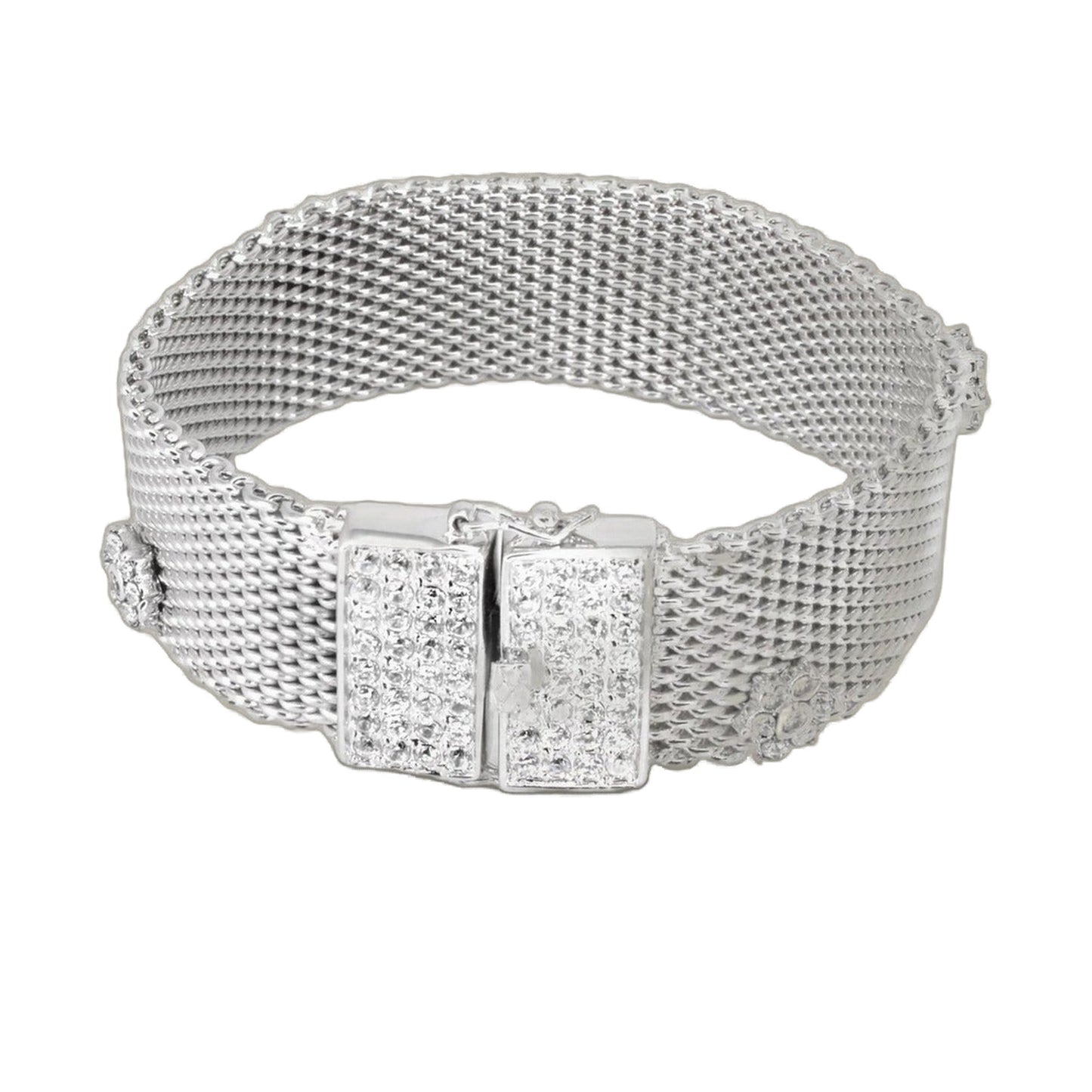 Flower mesh bracelet by Lauren G Adams in silver-tone metal with pave clasp on Tampa Home & Garden Store