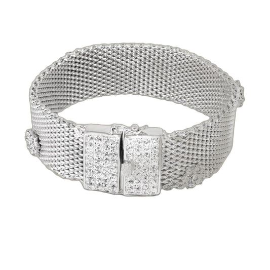 Flower mesh bracelet by Lauren G Adams in silver-tone metal with pave clasp on Tampa Home & Garden Store