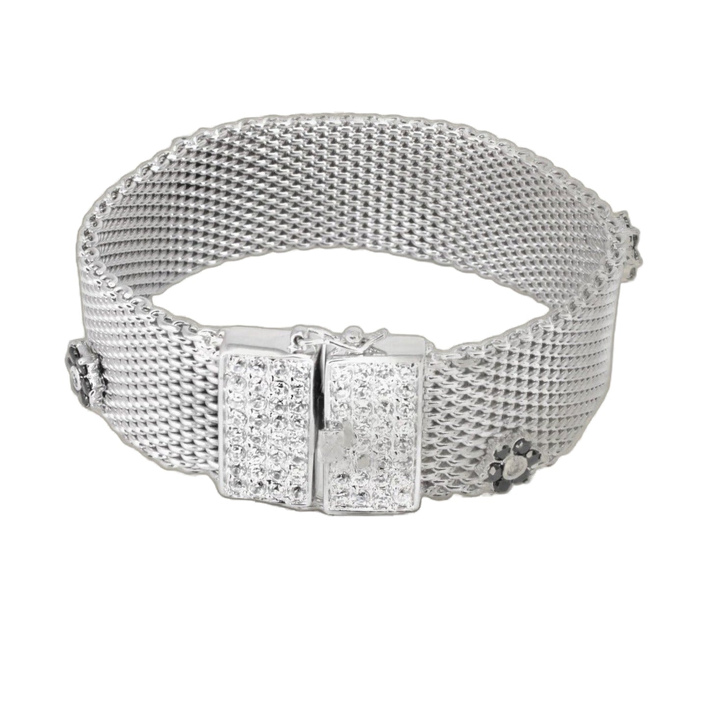 Flower Mesh Bracelet by Lauren G Adams, silver-tone mesh with crystal-studded clasp on Tampa Home & Garden Store