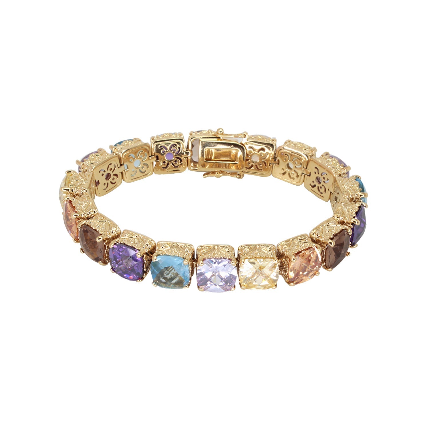Lga Vintage Bracelet in gold-tone with ornate links and multicolor cushion-cut stones on Tampa Home & Garden Store