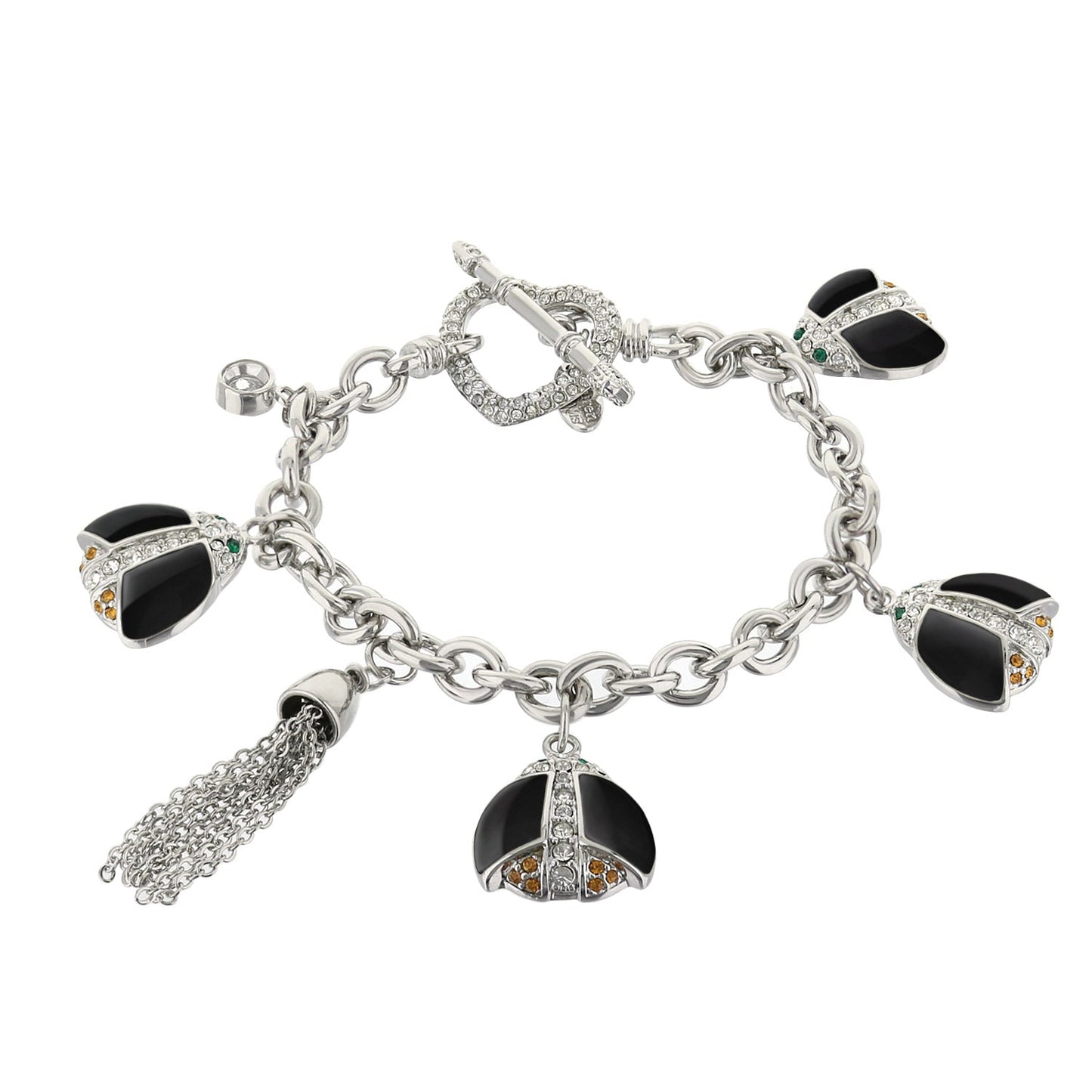 Lady Poof Bracelet, Lauren G Adams, silver chain, black enamel ladybug charms with crystals on Tampa Home & Garden Store