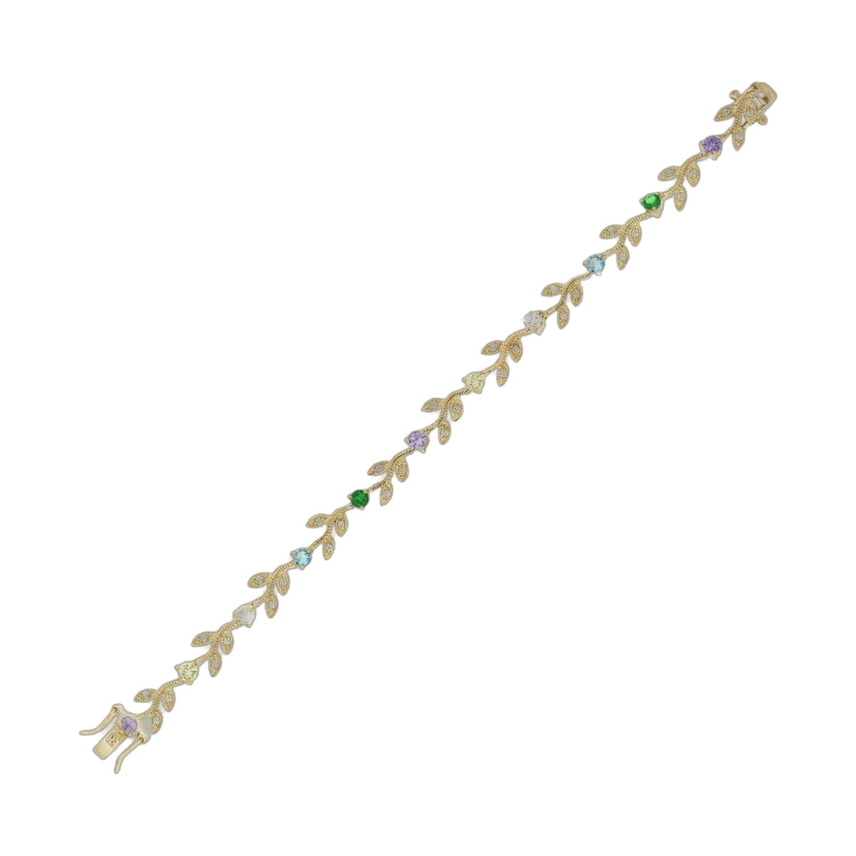 Crystal Leaf Bracelet by Lauren G Adams, gold-tone with colorful crystals along leaf motifs on Tampa Home & Garden Store