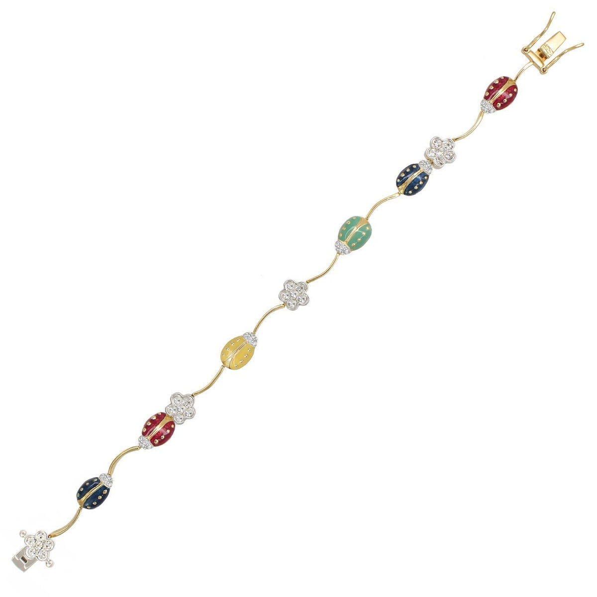 Lady Poof Bracelet gold chain with multicolor enamel beads and crystal flower spacers on Tampa Home & Garden Store
