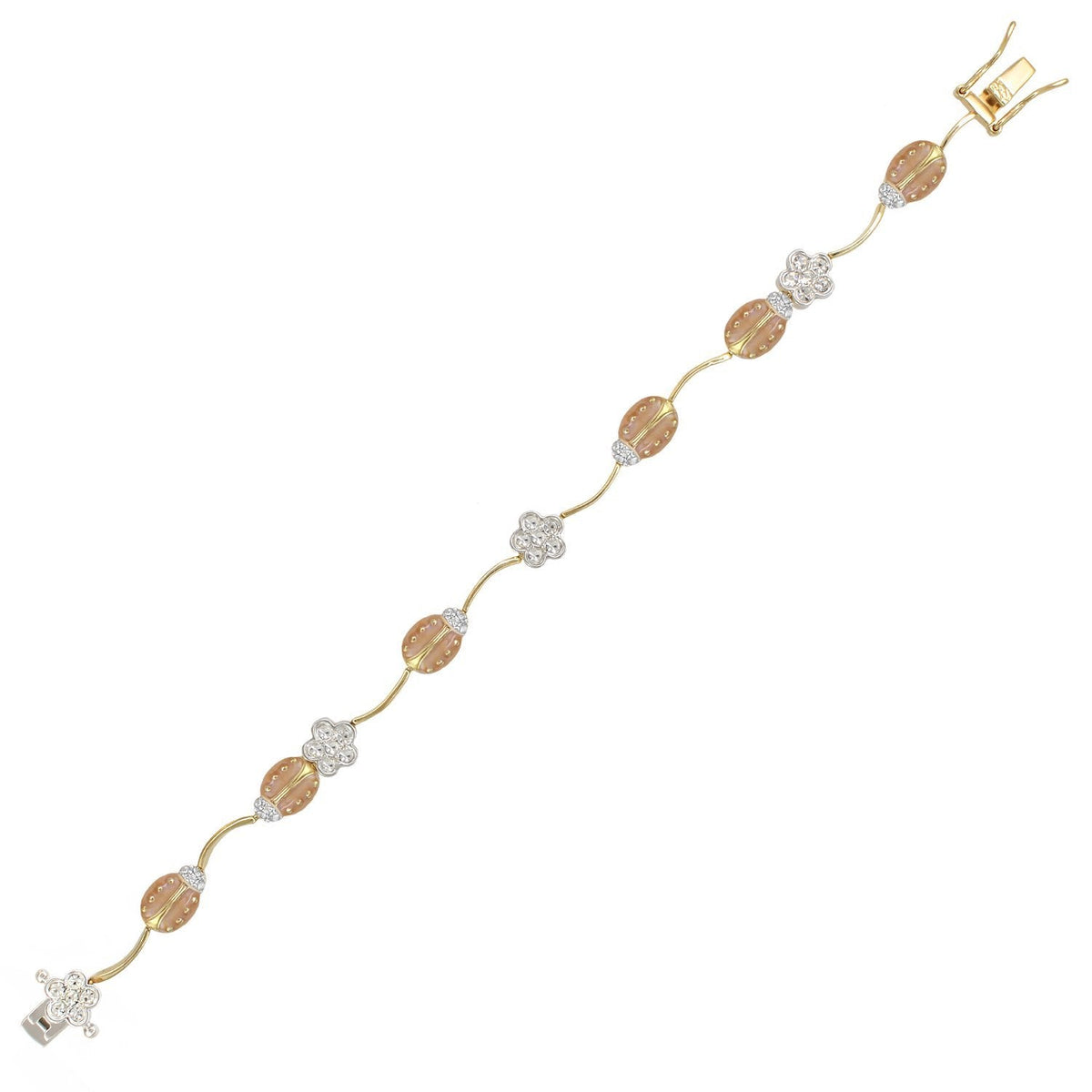 Lady Poof Bracelet tennis style with gold links, pink beads, and crystal flower clusters on Tampa Home & Garden Store