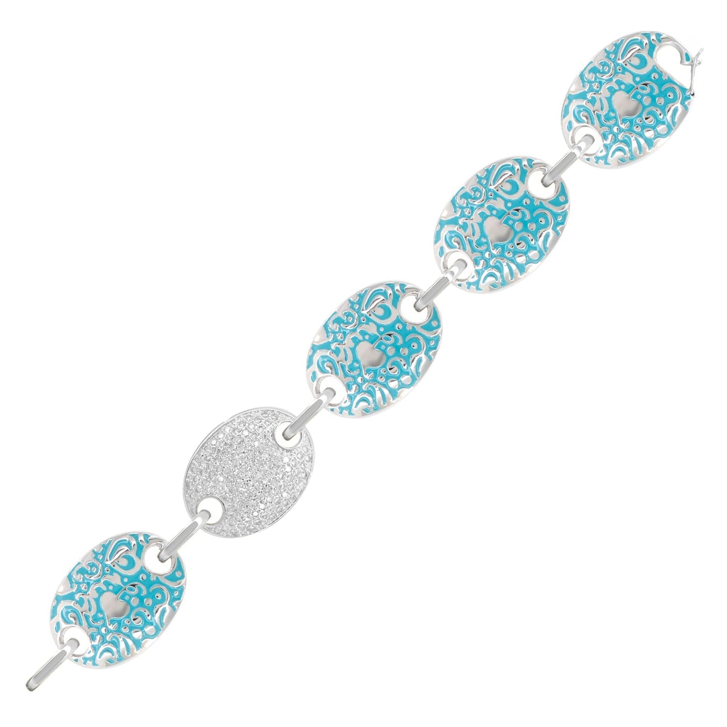 Hidden Hearts Bracelet turquoise enamel filigree oval links with heart cutouts in silver on Tampa Home & Garden Store