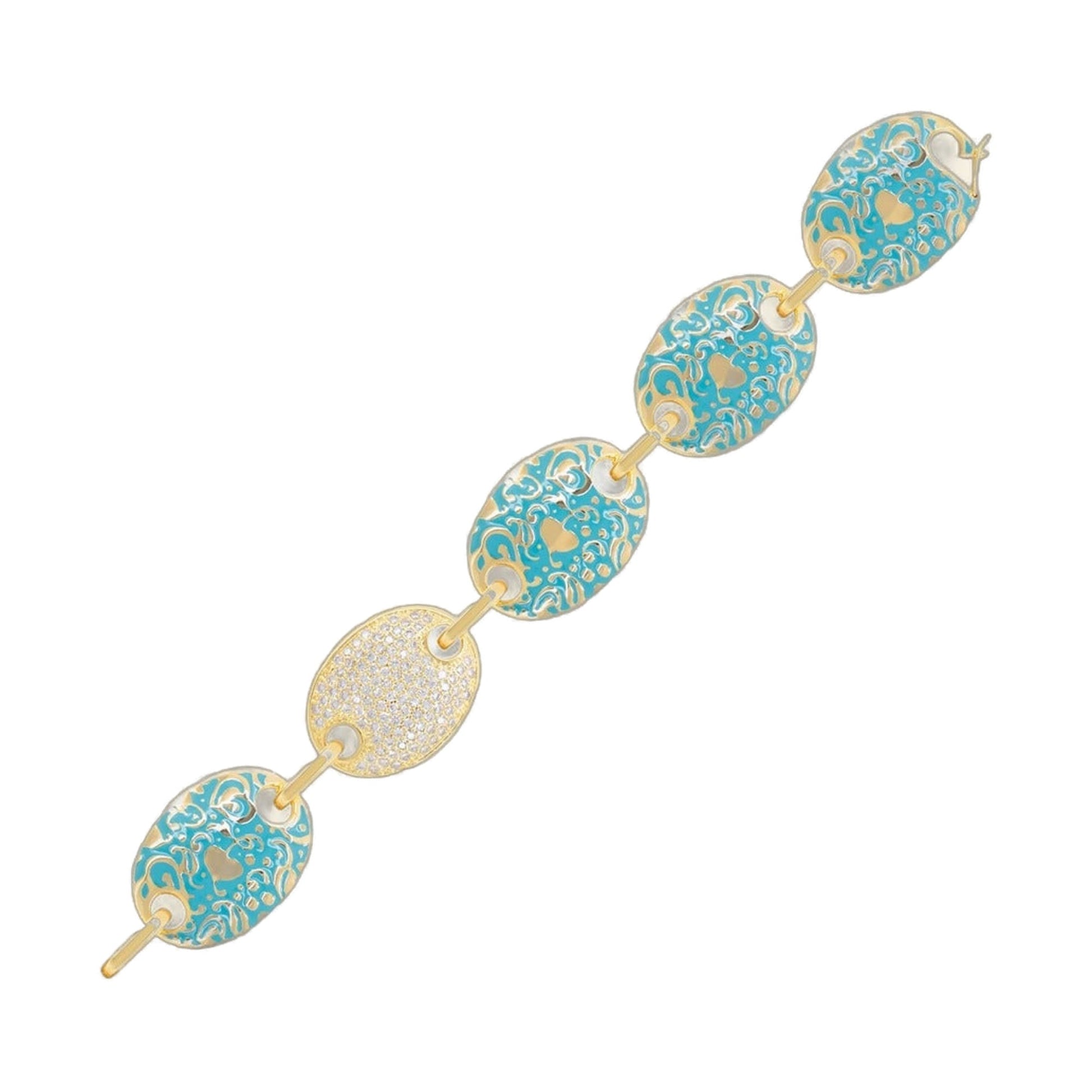 Hidden Hearts Bracelet by Lauren G Adams, turquoise enamel oval links with gold filigree on Tampa Home & Garden Store