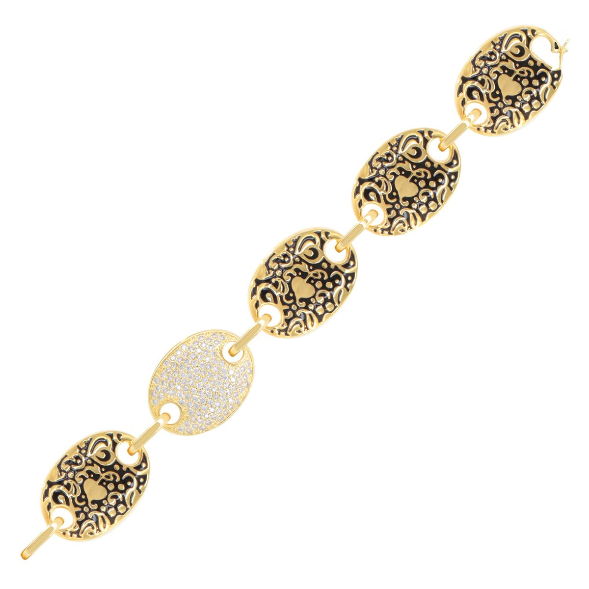 Hidden Hearts Bracelet by Lauren G Adams, gold tone with ornate black filigree oval links on Tampa Home & Garden Store