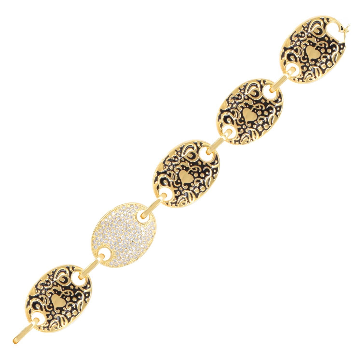 Hidden Hearts Bracelet by Lauren G Adams, gold tone with ornate black filigree oval links on Tampa Home & Garden Store