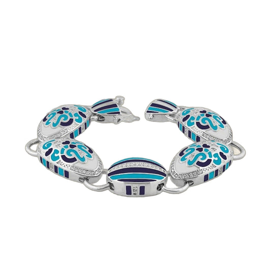 Psychedelic Swirls Bracelet silver linked oval charms with turquoise navy enamel swirls on Tampa Home & Garden Store