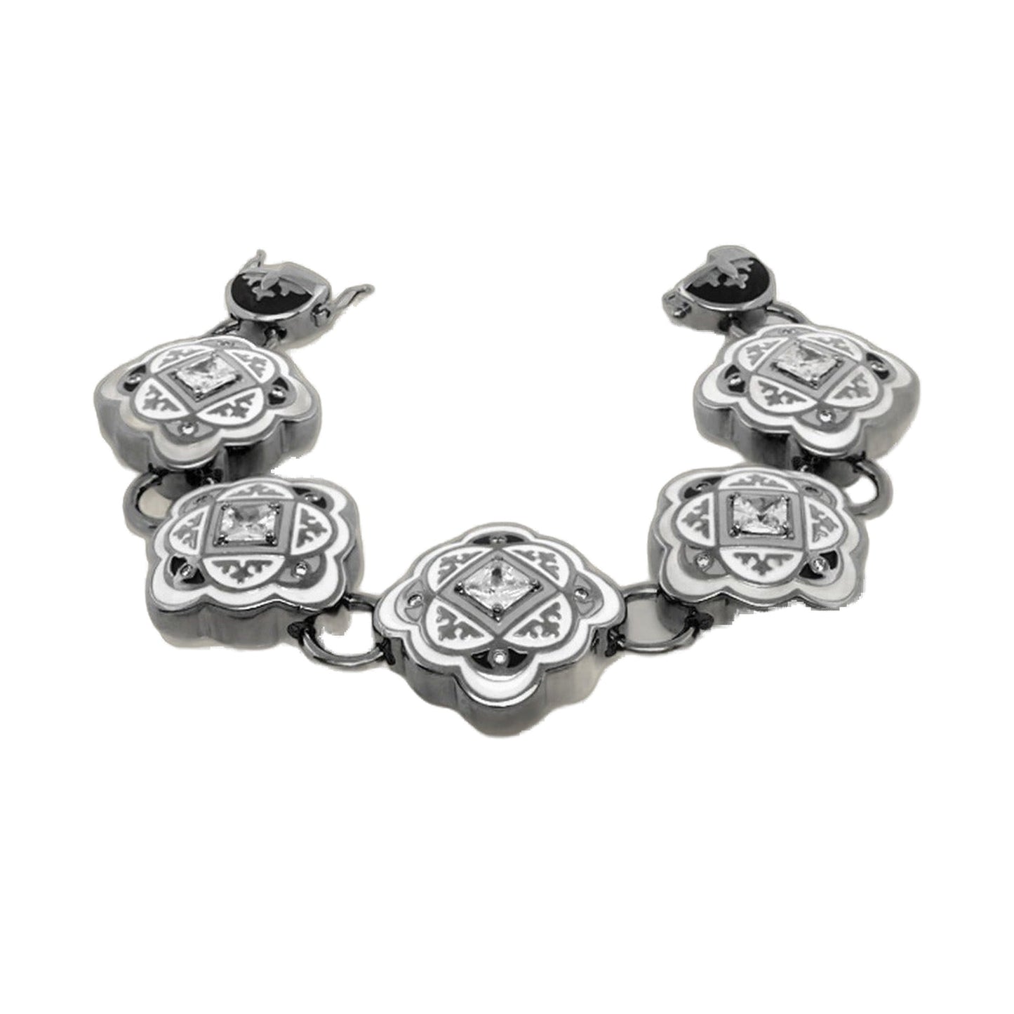 Mandarine Oriental enamel bracelet by Lauren G Adams, silver-tone links with black enamel panels on Tampa Home & Garden Store