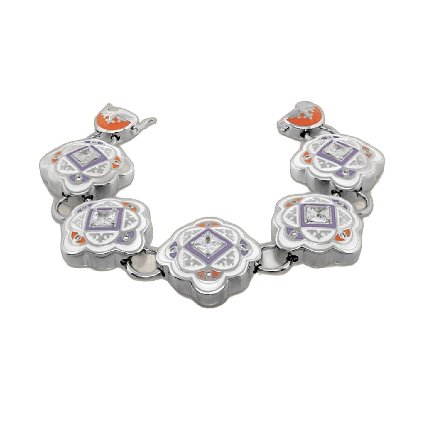 Mandarine Oriental enamel bracelet with silver floral links in purple and orange accents on Tampa Home & Garden Store