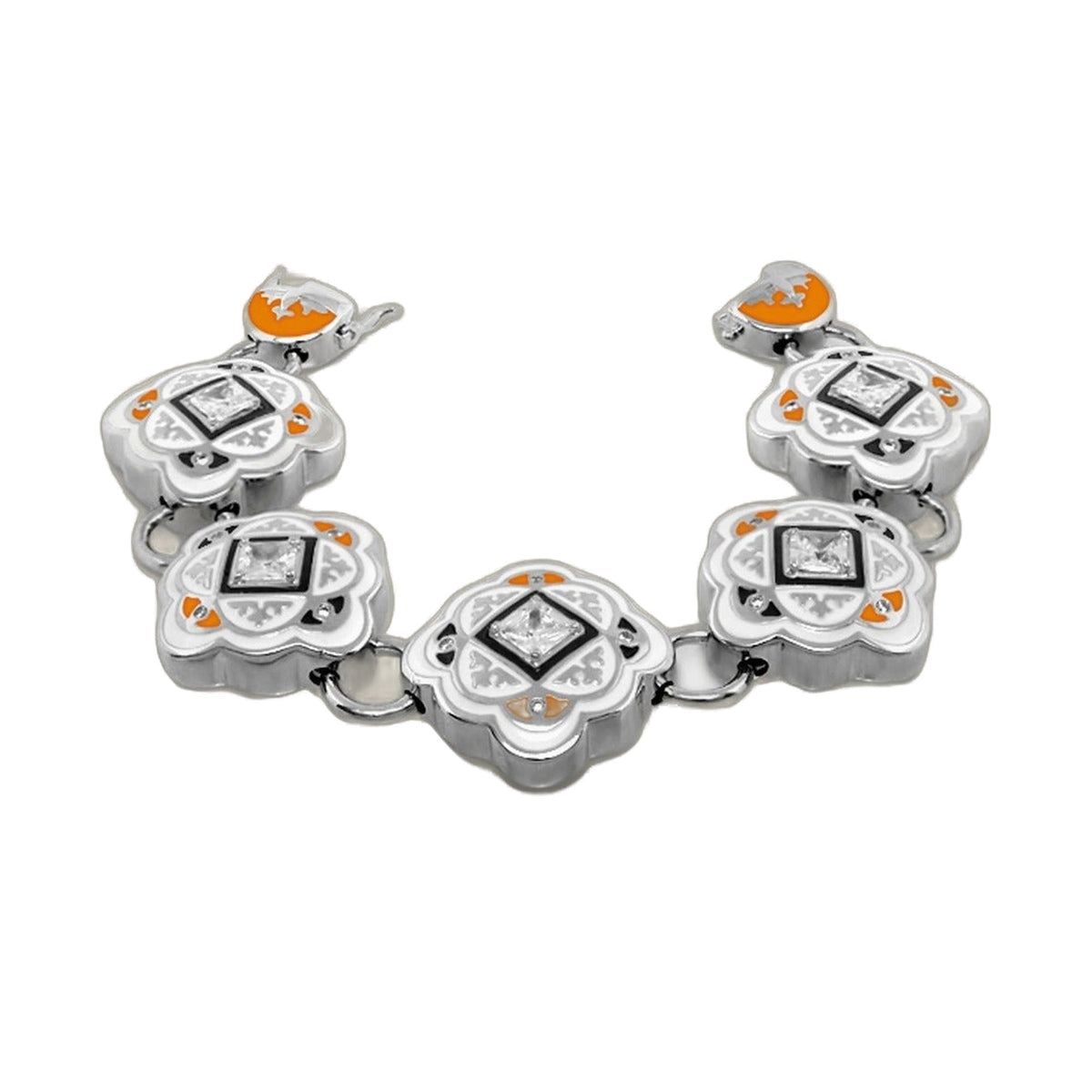 Mandarine Oriental enamel bracelet by Lauren G Adams, orange enamel floral links with crystals on Tampa Home & Garden Store