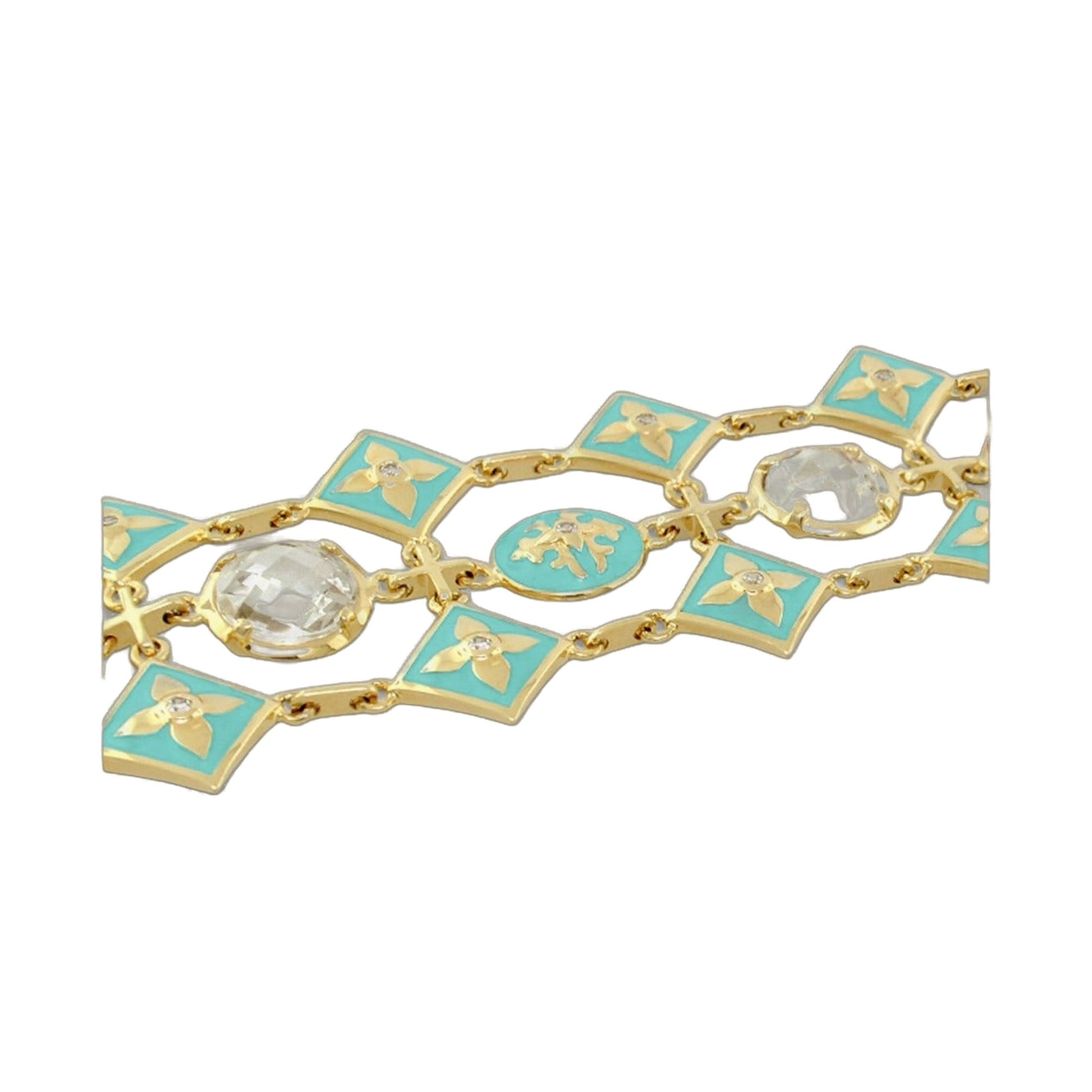Mandarine Oriental Bracelet enamel turquoise panels with gold floral designs and crystal on Tampa Home & Garden Store