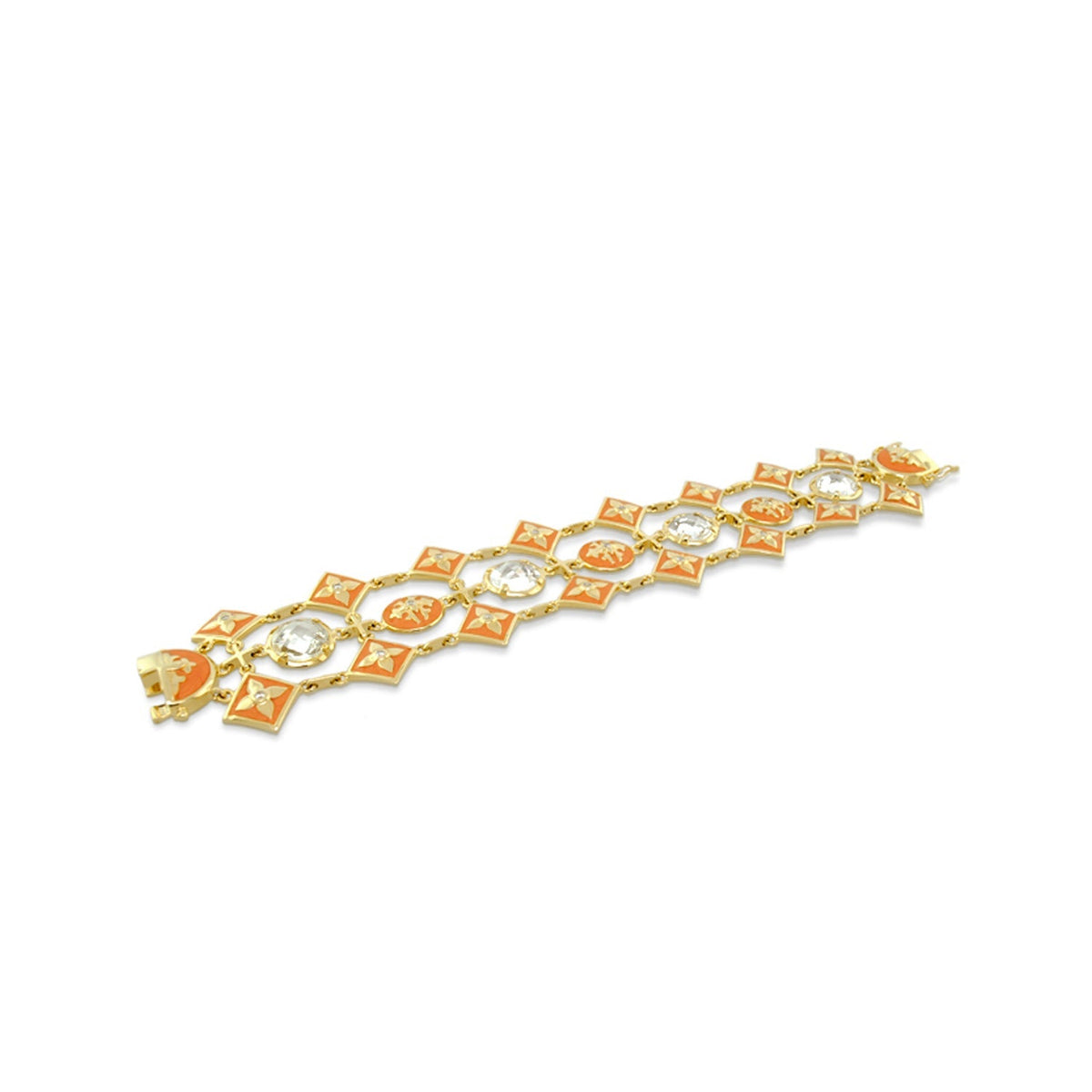 Mandarine Oriental enamel bracelet by Lauren G Adams, gold-tone chain with orange enamel squares and clear crystals on Tampa Home & Garden Store