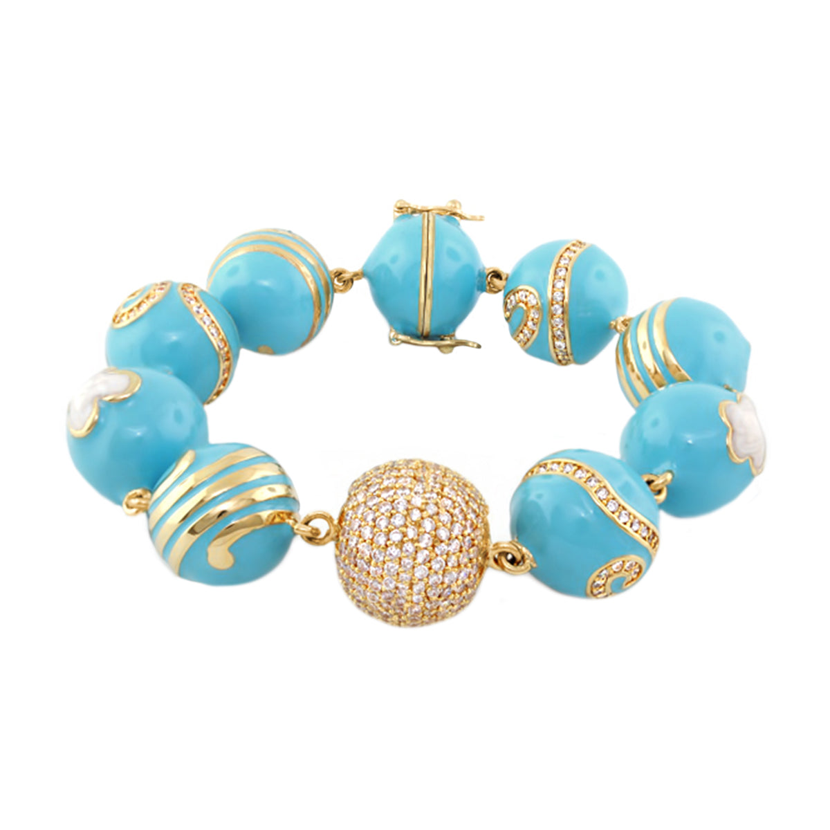 You Neek Ball Bracelet enamel turquoise beads with gold-tone accents and central pave ball on Tampa Home & Garden Store